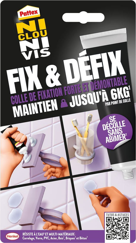 Colle Fixation - PATTEX - 2970856 - Ni clou ni vis - Fix & Défix - Tube - 44g