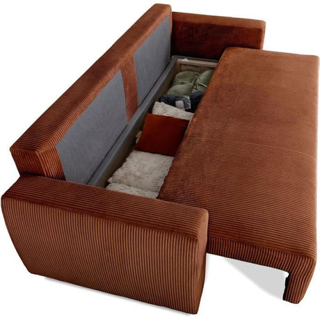Canapé convertible - 3 places - PHARELL - Tissu Velours côtelé Terracotta - Coffre - 231 x 84 x 91 cm