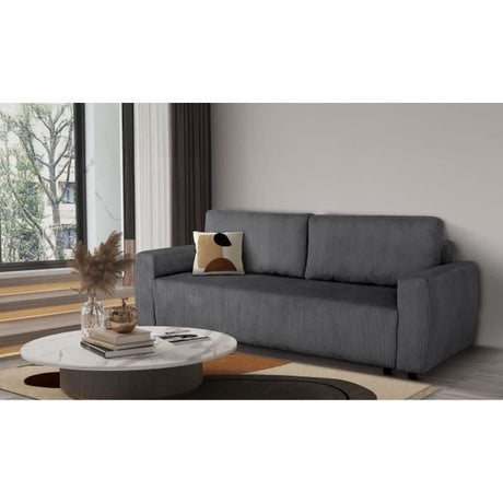 Canapé convertible - 3 places - PHARELL - Tissu Velours côtelé Anthracite - Coffre - 231 x 84 x 91 cm