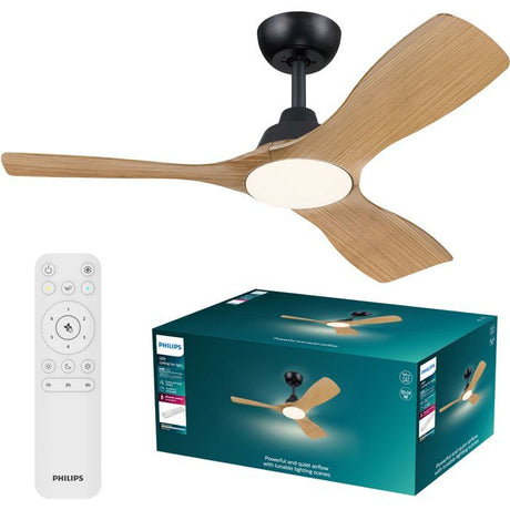 Ventilateur de plafond - Philips - Olas - Pales fixes - Diametre 106 cm - Noir/Bois - LED intégrée + télécommande