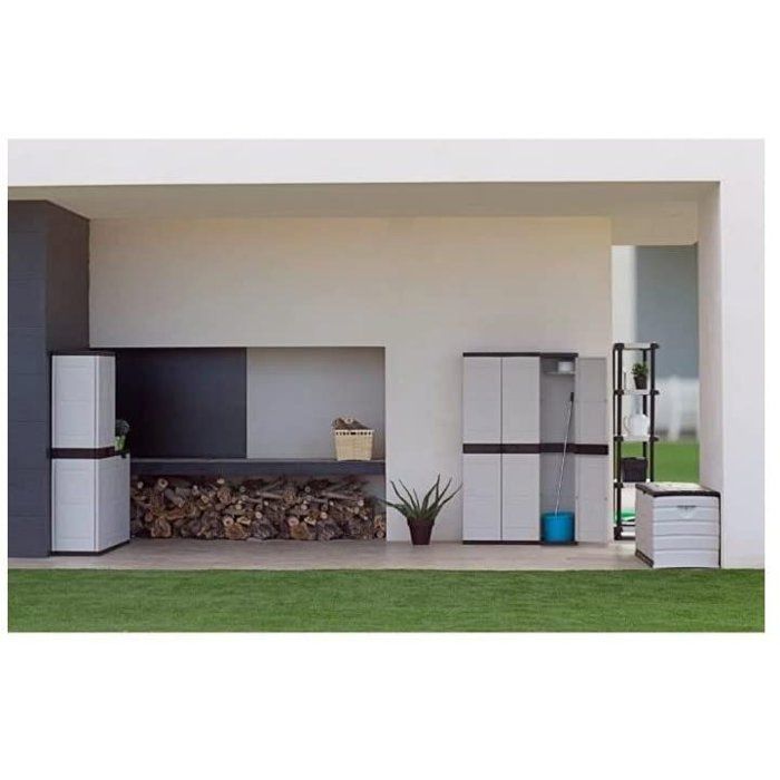 Armoire haute avec étageres - PLASTIKEN - Titanium - 70 x 44 x 176 cm - Beige et Noir