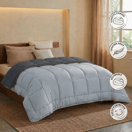 CALGARY - Couette Chaude Microfibre 400gr/m˛ - Gris & Argent - 220 x 240 cm
