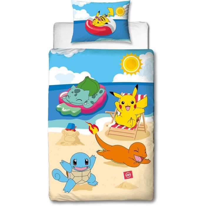 Parure de lit - POKEMON - Pikachu et ses amis a la plage - Microfibre - 1 housse de couette 140 x 200 cm + 1 taie 63 x 63 cm