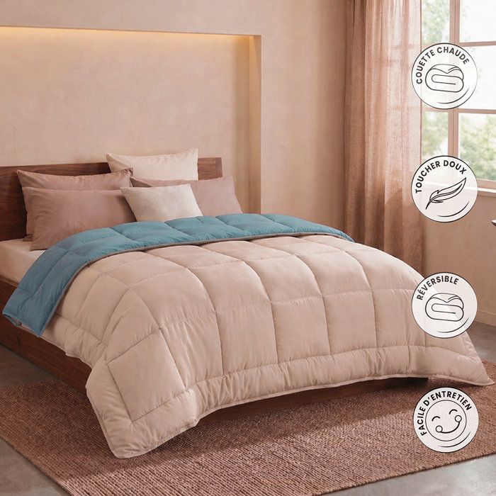 CALGARY - Couette Chaude Microfibre 400gr/m≤ - Beige Galet & Vert Lac- 140 x 200 cm