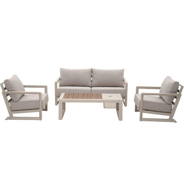 Salon bas de jardin - Proloisirs - Perth - Creme / chene - Set 4 pieces ( Canapé + fauteuils + table) - Aluminium époxy - Coussins