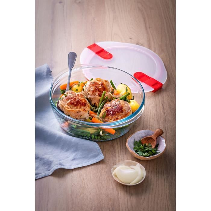 Lot de 3 lunch box - PYREX - Cook & Heat - Verre - Rond - Couvercle a valves vapeur spécial micro-onde - 1,1 L