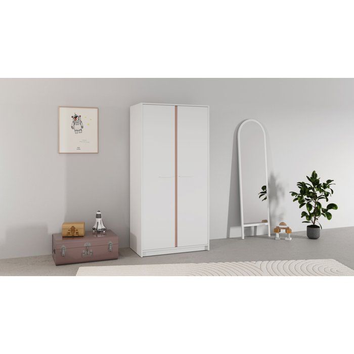 Armoire de chambre - REVERSO - Blanc mat - Décor Rose ou Bleu - 2 portes - L88,3 x P50 x H180,9 cm