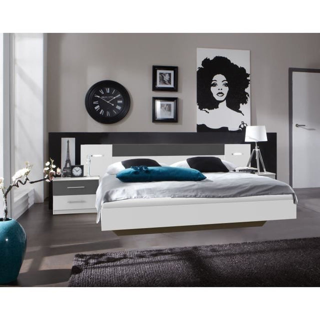 RHODES Lit adulte avec 2 chevets et 2 liseuses - 160 x 200 cm - Blanc /Graphite