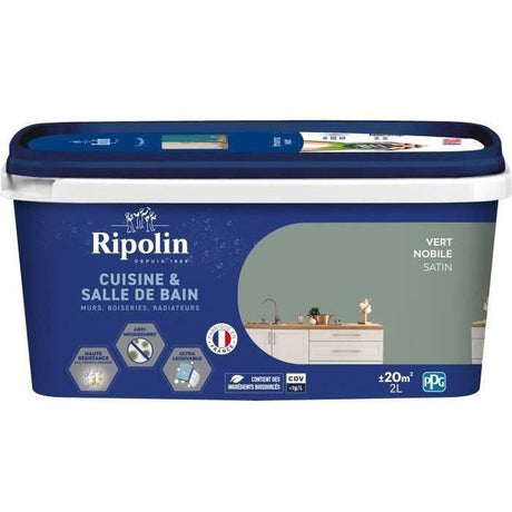 Peinture murs, boiseries, plafonds, radiateurs - RIPOLIN - Cuisine et bain - 2 L - Vert Nobile