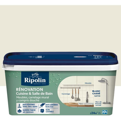 Peinture rénovation cuisine et salle de bain - Blanc cassé - Satiné - Ripolin -  2L