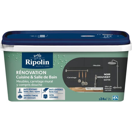 Peinture rénovation cuisine et salle de bain - Noir houvert - Satiné - Ripolin - 2L