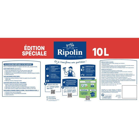 Peinture murs et plafonds - Blanc - Mat - RIPOLIN - 10 L - Edition spéciale bi-couche