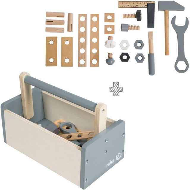 Boite a outils en bois pour enfant - ROBA - 22 pieces - Naturel, gris et blanc