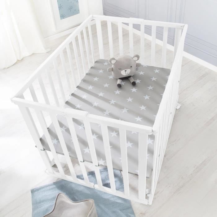 Parc bébé pliable - ROBA - LITTLE STARS - 75 x 100 cm - Réglable en hauteur - 4 Roues freinées - Bois Laqué Blanc - Motif Étoile