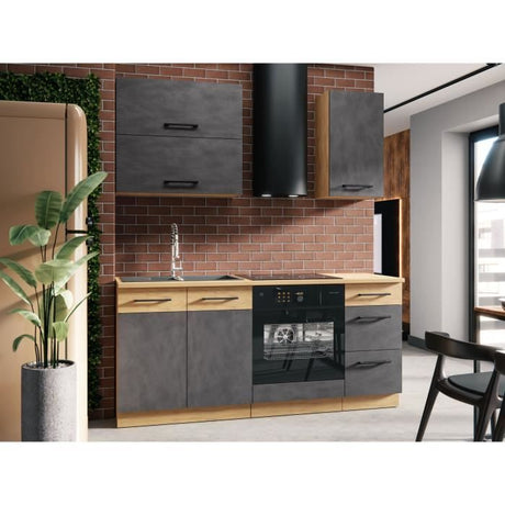 Cuisine complete ROCK L180 cm - 5 éléments + meuble four - Mélaminé décor chene lancelot et gris matera - Plan de travail non