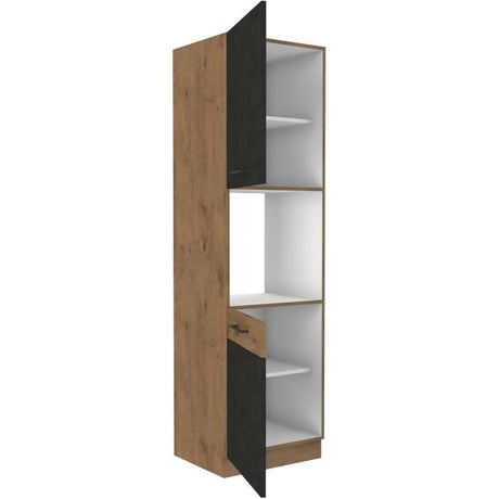 Colonne four cuisine ROCK - Mélaminé décor chene lancelot et gris matera - 2 portes + 4 étageres - L60 x H210 cm