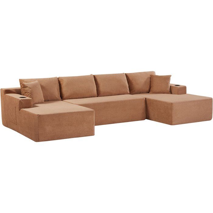 Canapé compressé modulable - 4 places - ROGER - Tissu Brun noisette - Rangements & Porte-verres - 339 x 168 x 84 cm