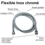 Flexible de douche - ROUSSEAU - Raccord universel - Format compact - Écrous métal - Longueur 1m50 - Inox chromé simple agrafage