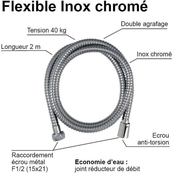 Flexible de douche - ROUSSEAU - Écrous métal anti-torsion - Réduction du débit - Longueur 2 m - Inox chromé double agrafage