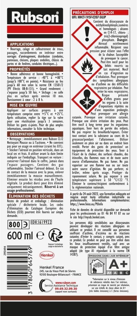 Aérosol mousse expansive coupe-feu - RUBSON - CF 90 - Protection incendie - Isolation polyvalente - 600 ml