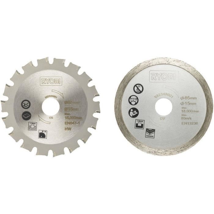 RYOBI - Kit 2 lames (1 lame pour bois/métal et 1 lame carrelage) 85 mm - alésage 15 mm pour scie multi-matériaux R18MMS - RAKMMS02K