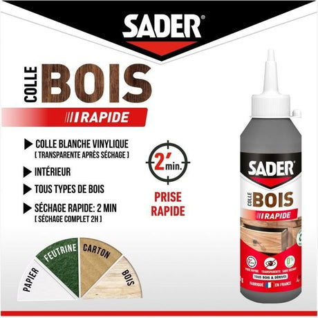 Colle bois - SADER - Prise rapide 2 min - Tous bois - Intérieur - Transparente apres séchage - Biberon 100 g