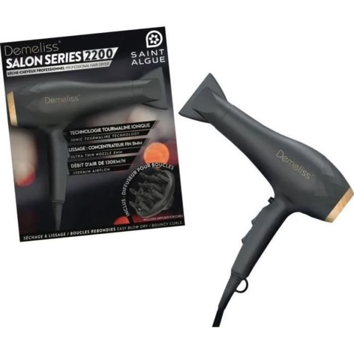 Seche-Cheveux - SAINT ALGUE - Demeliss SALON SERIES 2200W - Moteur Professionnel AC - Tourmaline Ionique - Concentrateur & Diffuseur
