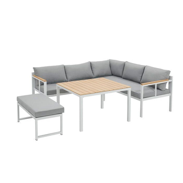 Salon de jardin d'angle 6 personnes - Aluminium - BAIA - canapé d'angle + 1 banc + table haute - Gris