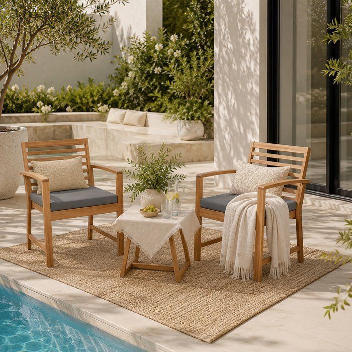 Salon de jardin en bois d'Acacia FSC avec coussins - CALI - 1 table café + 2 fauteuils - Gris - 2 personnes