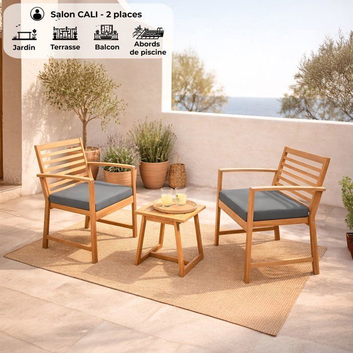 Salon de jardin en bois d'Acacia FSC avec coussins - CALI - 1 table café + 2 fauteuils - Gris - 2 personnes