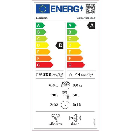 Lave-linge séchant SAMSUNG AI ecobubble™ WD90DG5B15BE - 9 / 6 kg - L60cm - 1400 trs/min - Blanc