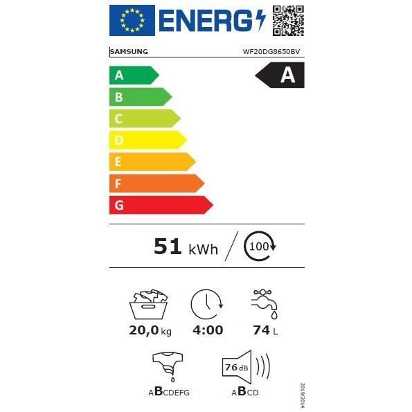 Lave-linge hublot SAMSUNG Ecobubble™ WF20DG8650BV - 20 kg -  Digital Inverter - L68,6cm - 1000 trs/min - Classe A - Noir