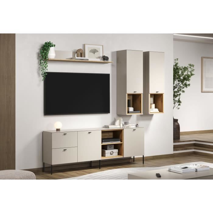 Composition TV - SAO PAULO - Cachemire / Chene blond - 4 ťlťments - Portes + tiroirs - 250 x 40 x 215 cm - TRENDTEAM