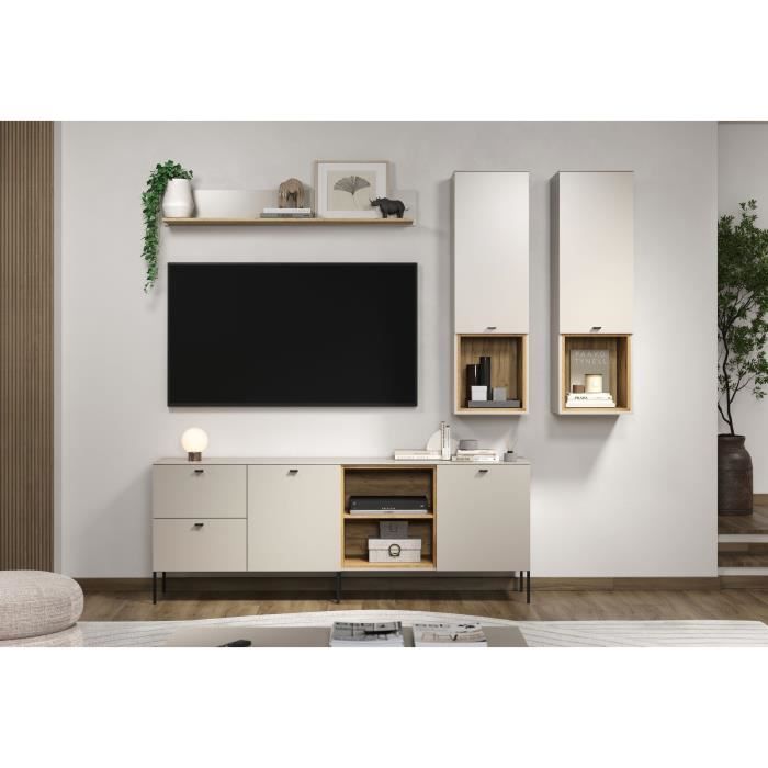 Composition TV - SAO PAULO - Cachemire / Chene blond - 4 ťlťments - Portes + tiroirs - 250 x 40 x 215 cm - TRENDTEAM