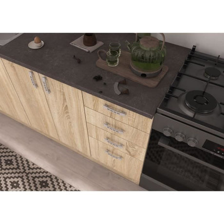 SARA Cuisine complete modulable - 8 éléments - Décor chene sonoma - L 300 cm - Plan de travail non inclus