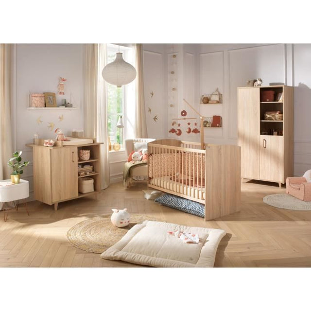 Chambre complete trio bébé - SAUTHON - Sam Chene doré - Lit bébé 120 x 60 cm, commode a langer et armoire