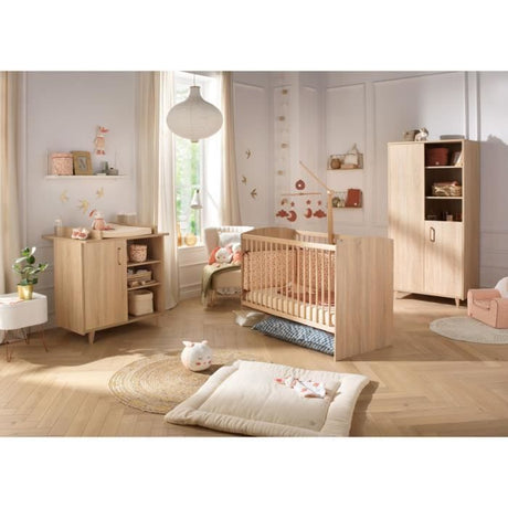 Chambre complete trio bébé - SAUTHON - Sam Chene doré - Lit bébé 120 x 60 cm, commode a langer et armoire