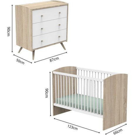 Chambre bébé duo - Lit 120 x 60 cm + Commode 3 tiroirs - Access - Bois chene doré/Blanc - SAUTHON