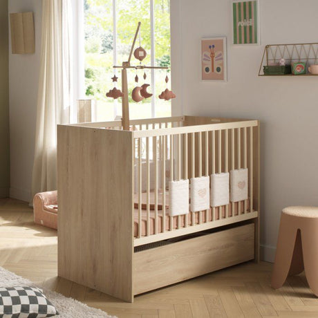 Chambre bébé duo - Lit 120 x 60 cm + Commode 2 portes et une niche - Adele - Hetre/creme- SAUTHON