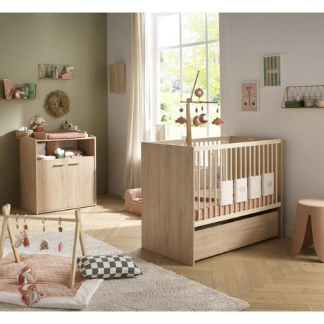 Chambre bébé duo - Lit 120 x 60 cm + Commode 2 portes et une niche - Adele - Hetre/creme- SAUTHON