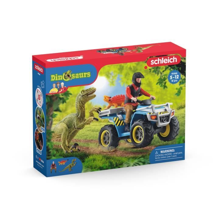Coffret Fuite sur quad face au vélociraptor, ensemble de jouets Préhistoriques de 5 pieces, Schleich 41466 Dinosaurs, des 4 ans