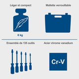 Malette a outils de 135 pieces SCHEPPACH - TB170 - Outils en acier chrome vanadium - Mallette verrouillable