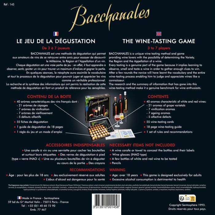 Bacchanales - SENTOSPHERE - Découverte de l'oenologie - Peception olfactives - Capacités d'analyse - Réservé a l'adulte