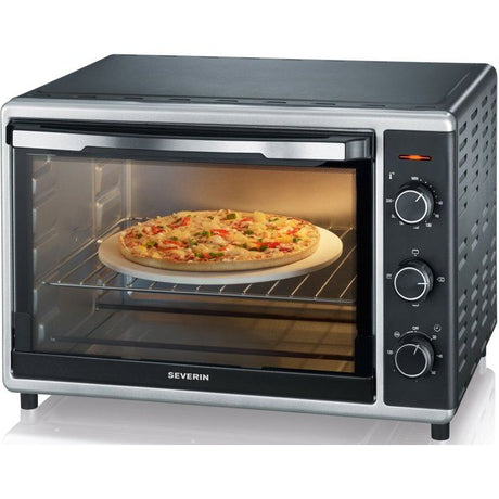 Mini Four chaleur SEVERIN TO2058 tournante 42 L, pierre a pizza et tournebroche, Four posable 1 800 W, Minuteur 120 min, Noir/Inox