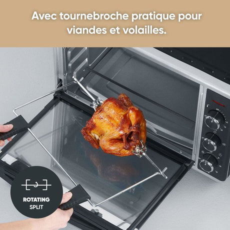 Mini Four chaleur SEVERIN TO2058 tournante 42 L, pierre a pizza et tournebroche, Four posable 1 800 W, Minuteur 120 min, Noir/Inox