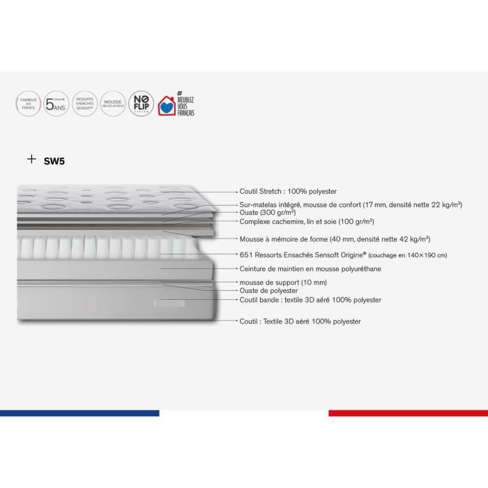 Matelas 160 x 200 SIMMONS - Hauteur 29 cm - Ressorts ensachés Sensoft - No Flip - Enveloppant - Fabriqué en France -  SW5
