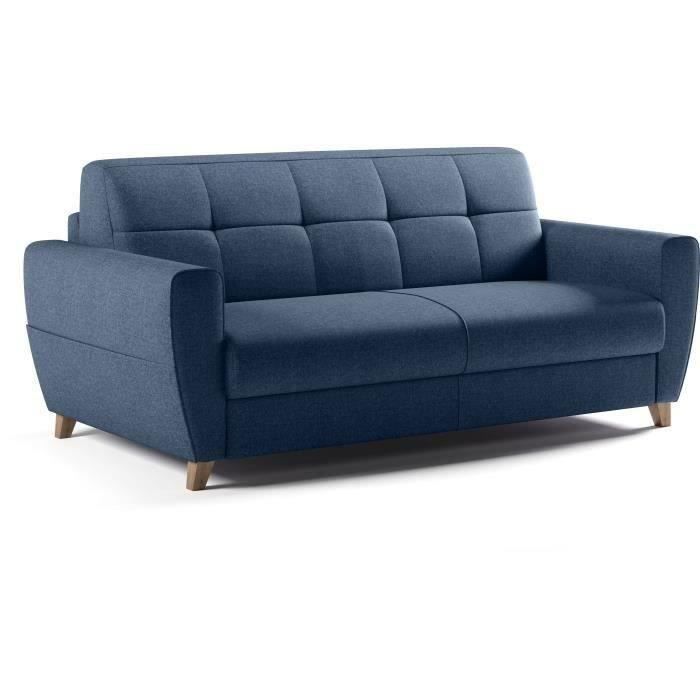 Canapé convertible express 3 places SKY - Tissu Bleu - matelas 14cm - 192 x 100 x 88 cm