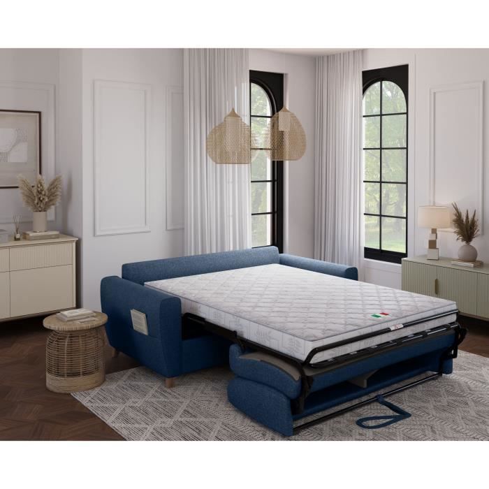 Canapé convertible express 3 places SKY - Tissu Bleu - matelas 14cm - 192 x 100 x 88 cm