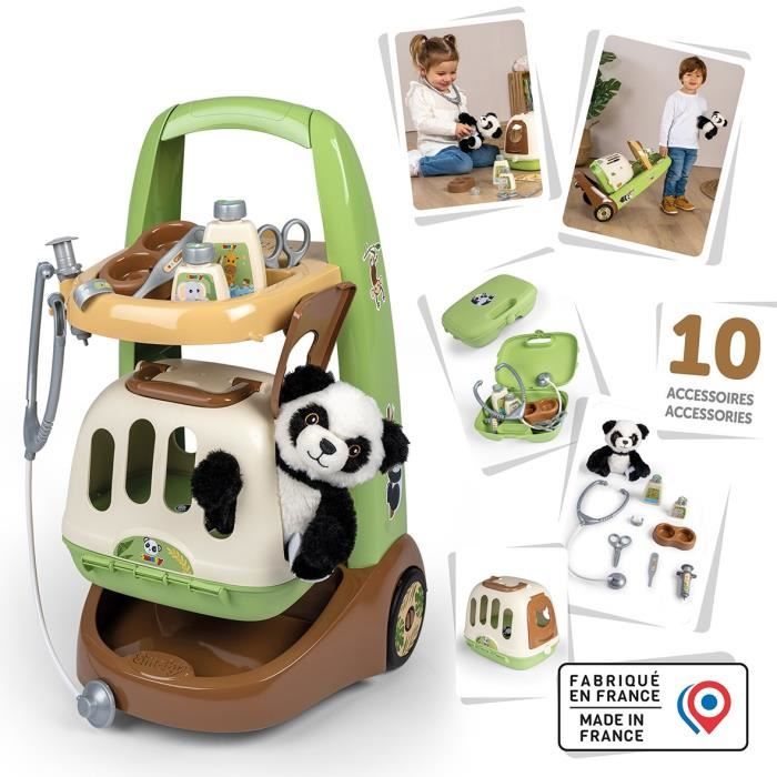 Smoby - Chariot Vétérinaire  de Zoo - Peluche Panda - Nombreux accessoires inclus - Produit 2 en 1 : Cage de transport - Fabrication