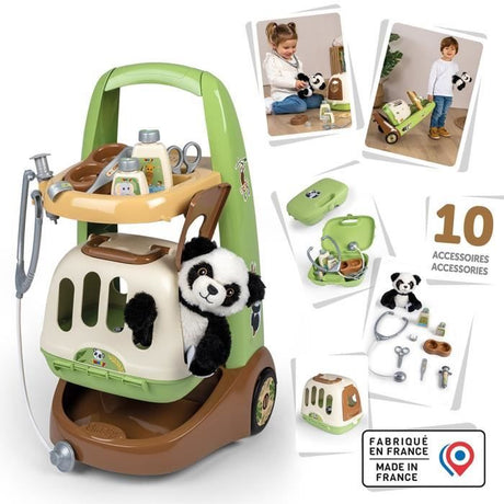 Smoby - Chariot Vétérinaire  de Zoo - Peluche Panda - Nombreux accessoires inclus - Produit 2 en 1 : Cage de transport - Fabrication